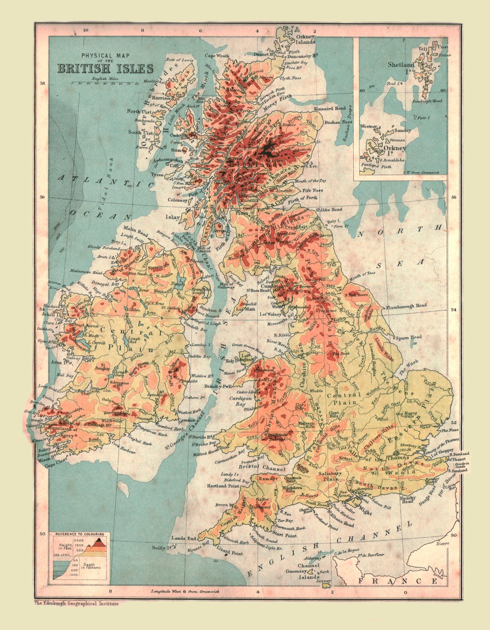 Fysieke kaart van de Britse Eilanden, 1902 door Unbekannt