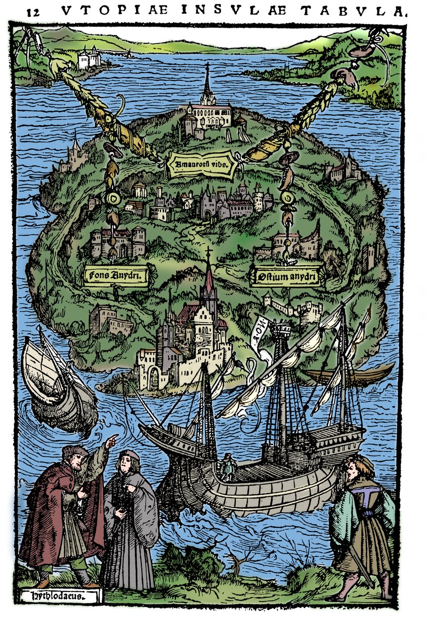 Plan van het eiland Utopia, 1518 door Unbekannt