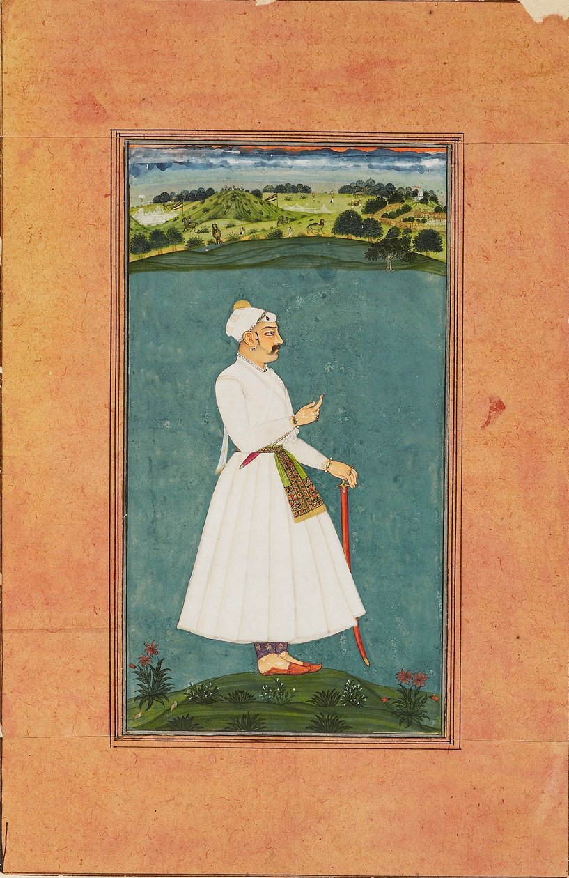 Sawai Jai Singh staand in een landschap door Unbekannt