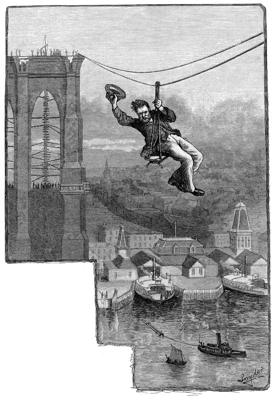 Testen van de kabels op de Brooklyn Bridge, ca. 1900 door Unbekannt