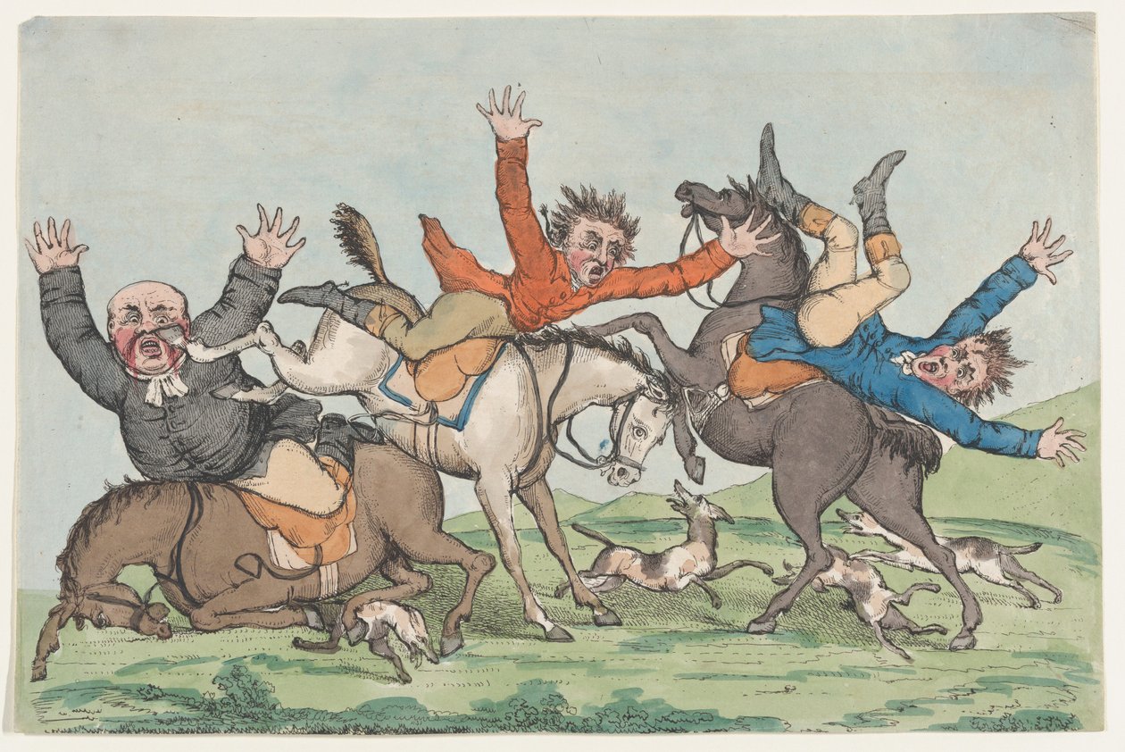 Drie ruiters vallen van hun paarden, 1780-1820 door Unbekannt