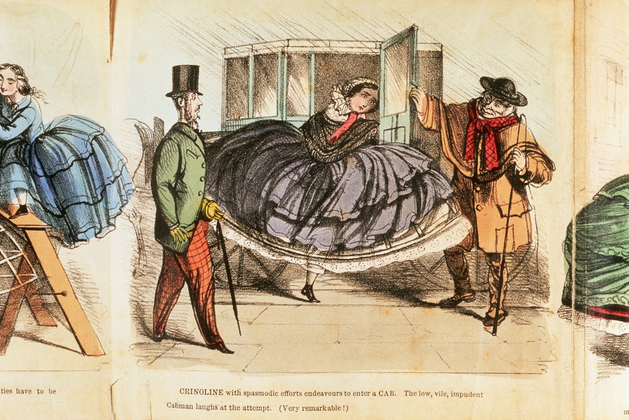 Vrouw worstelt om een taxi in te stappen, ca. 1860 door Unbekannt