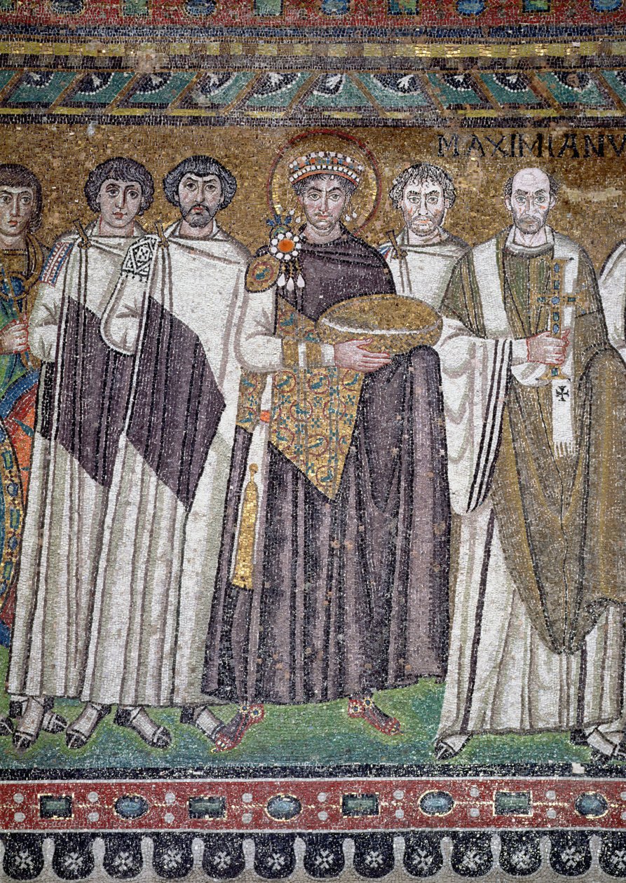 Justinianus I en zijn gevolg, detail van de keizer, ca. 547 AD door Unbekannt Unbekannt