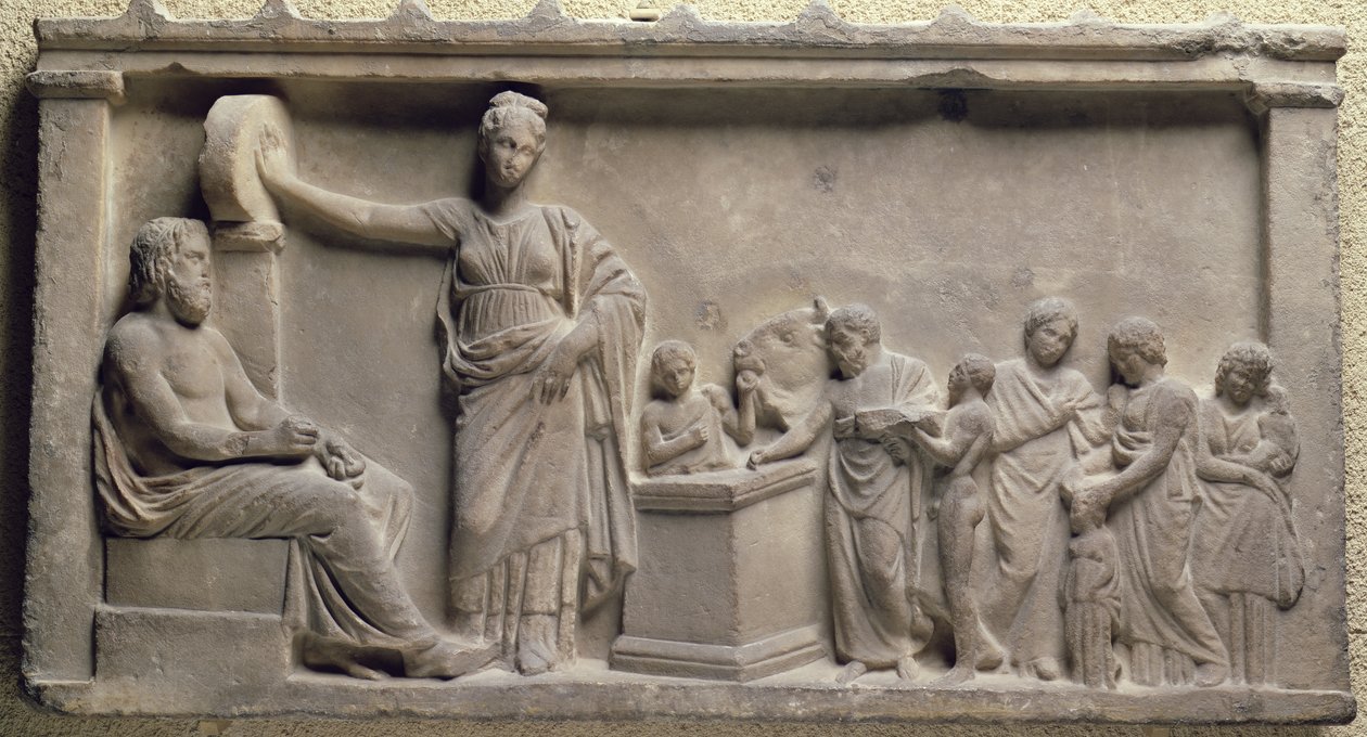 Votief reliëf dat een familie toont die een stier offert aan Asclepius, de god van de gezondheid, en zijn dochter Hygieia, Grieks, 5e eeuw v.Chr. door Unbekannt Unbekannt