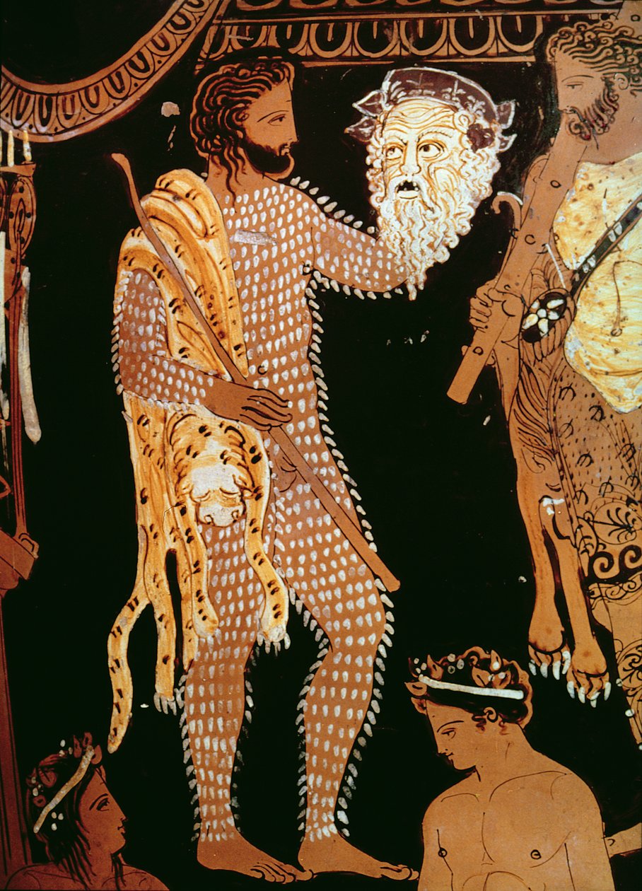 Detail van een roodfigurig vaas met een acteur die zijn masker vasthoudt, gevonden in Ruvo, ca. 410 v.Chr. door Unbekannt Unbekannt