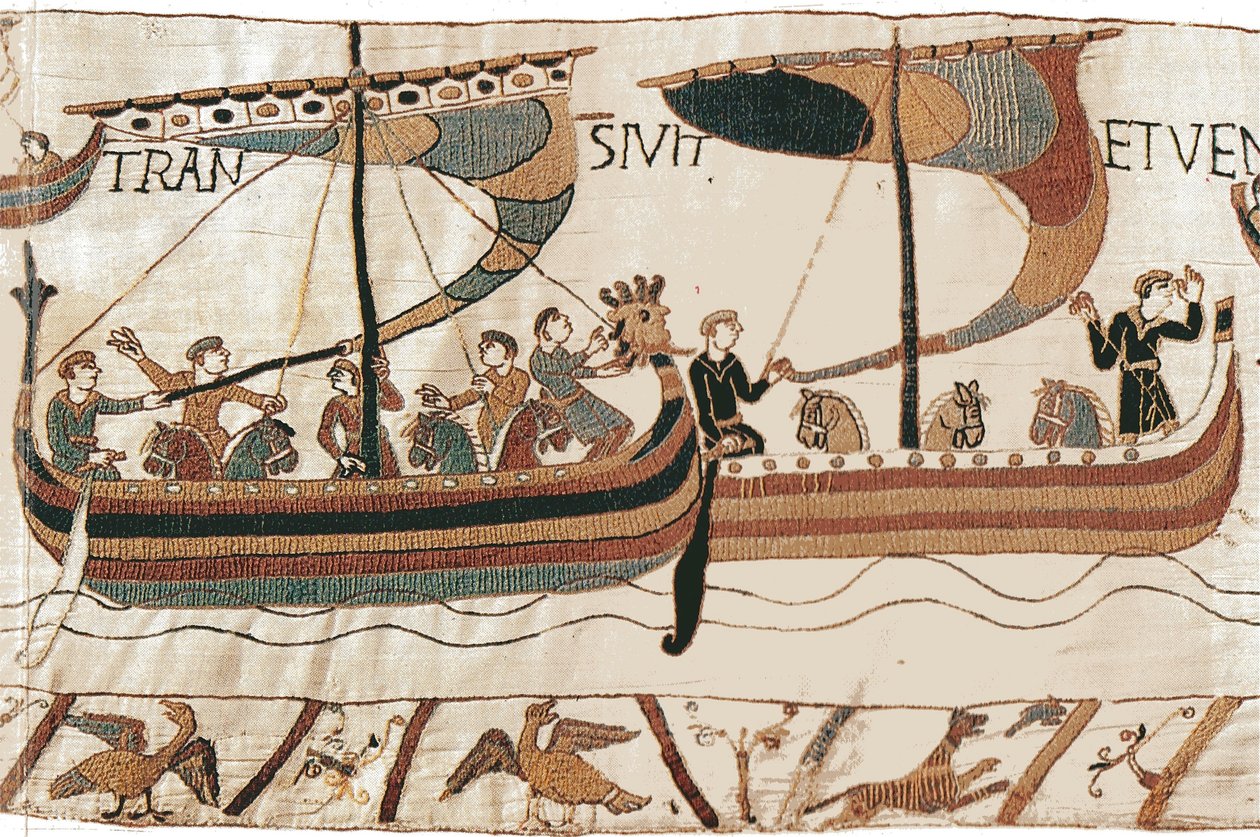 Hertog Willem en de Normandische invasievloot steken het kanaal over, Tapijt van Bayeux door Unbekannt Unbekannt