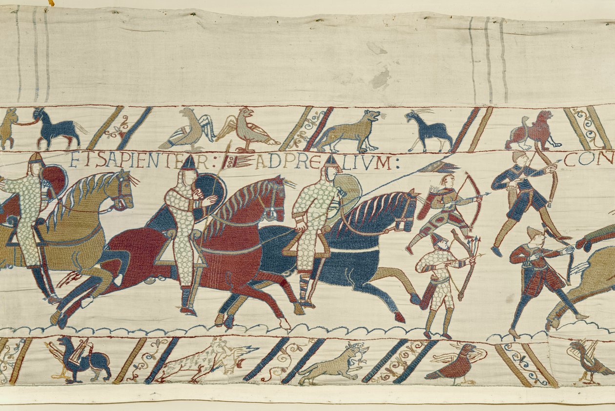 Hertog Willem spoort zijn troepen aan om zich manhaftig en voorzichtig voor te bereiden op de strijd tegen het Engelse leger, Tapijt van Bayeux door Unbekannt Unbekannt