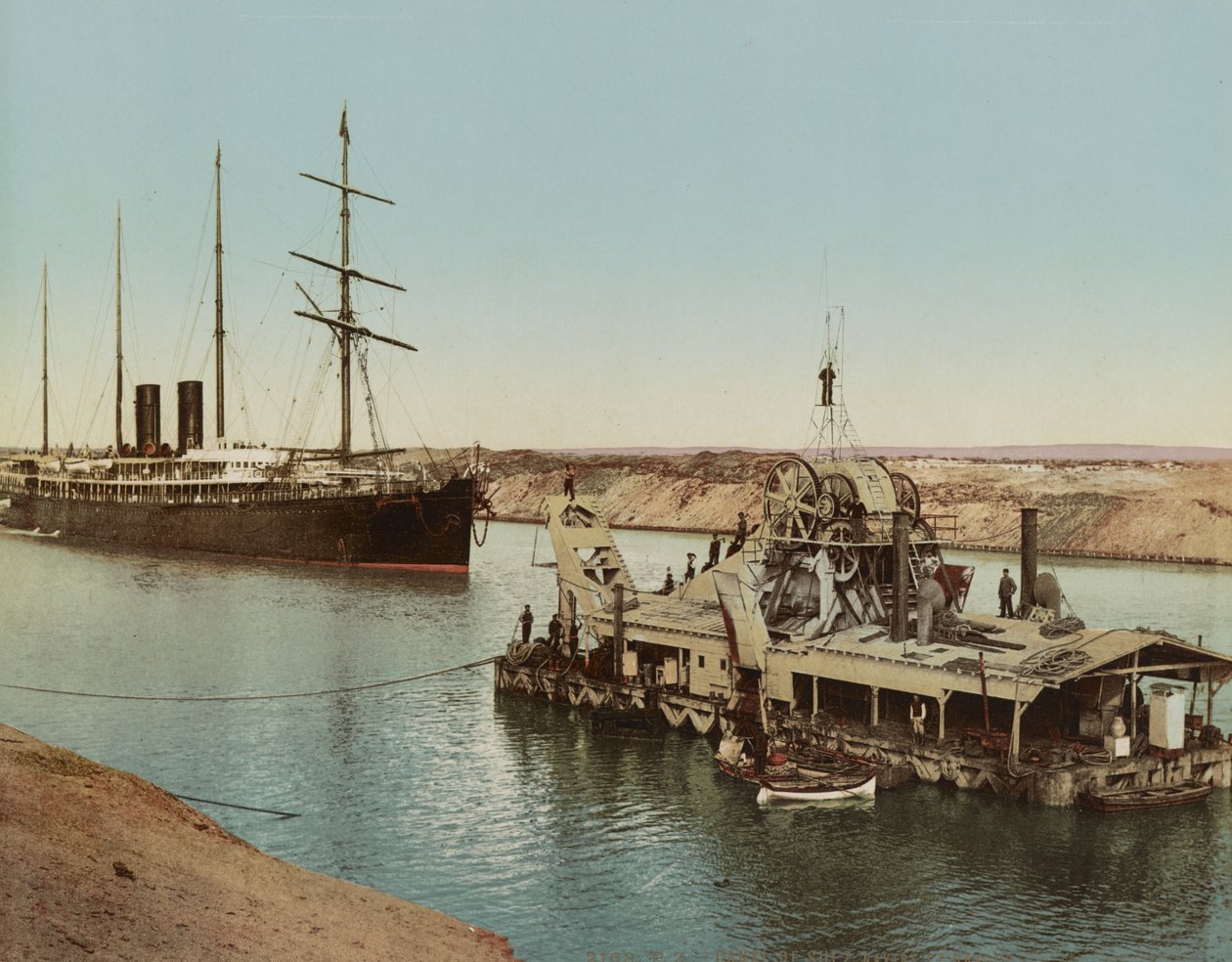 Suezkanaal, schip en baggermachine, c.1900 door Unbekannt Unbekannt