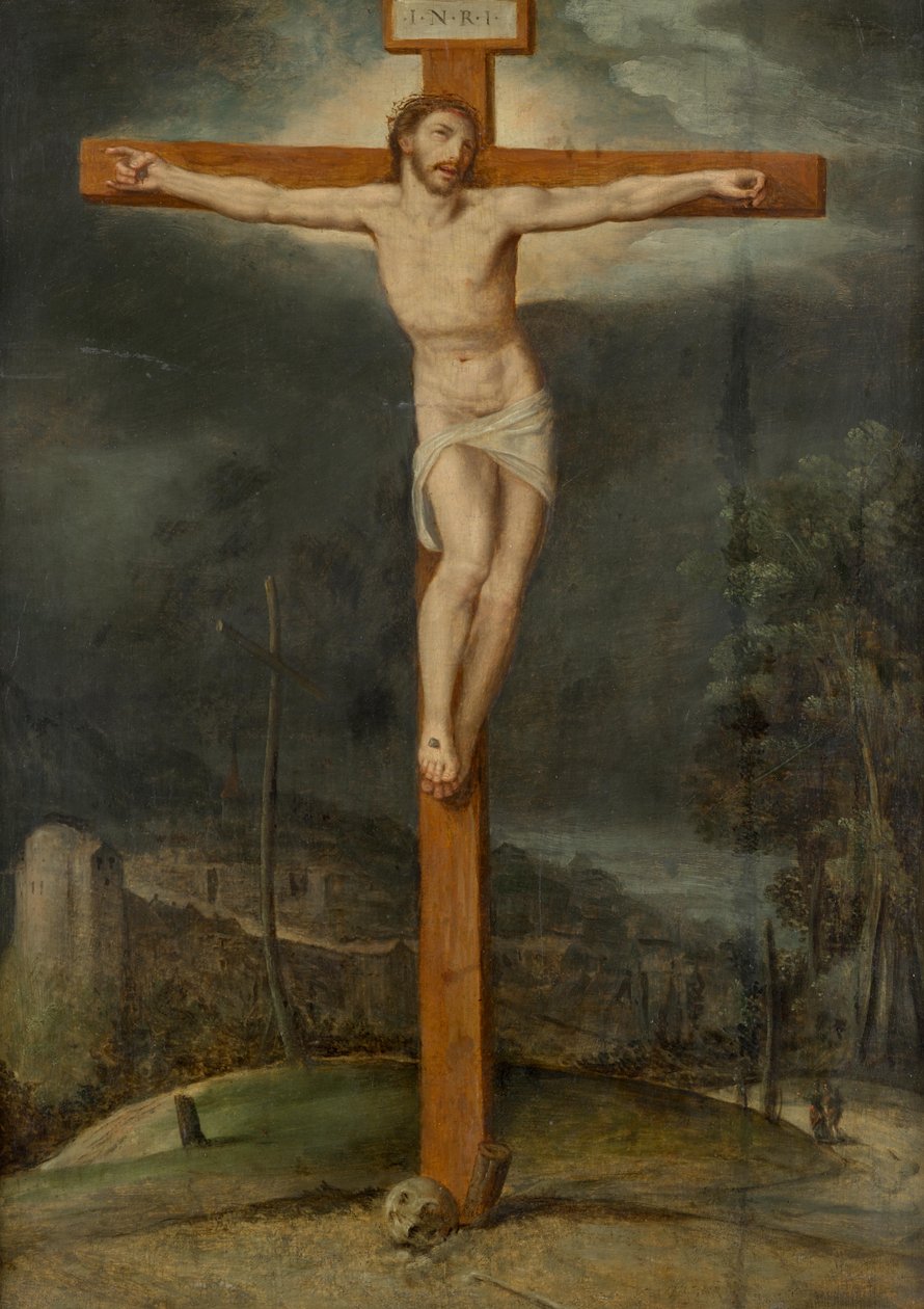 Gekruisigde Christus in een landschap door Unbekannter Künstler