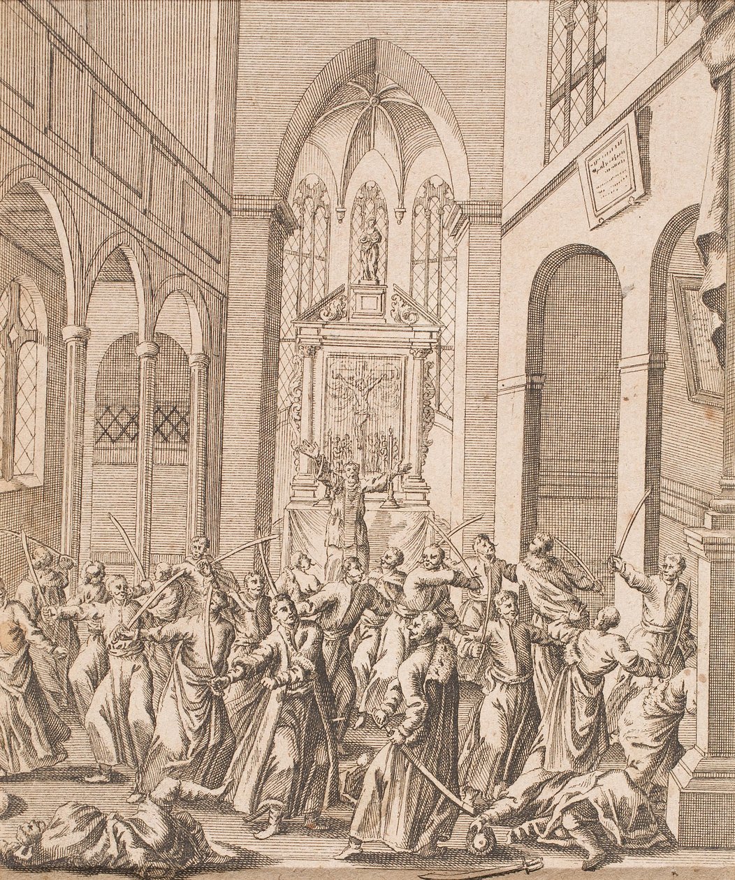 Vechtscène in een kerk door Unbekannter Künstler