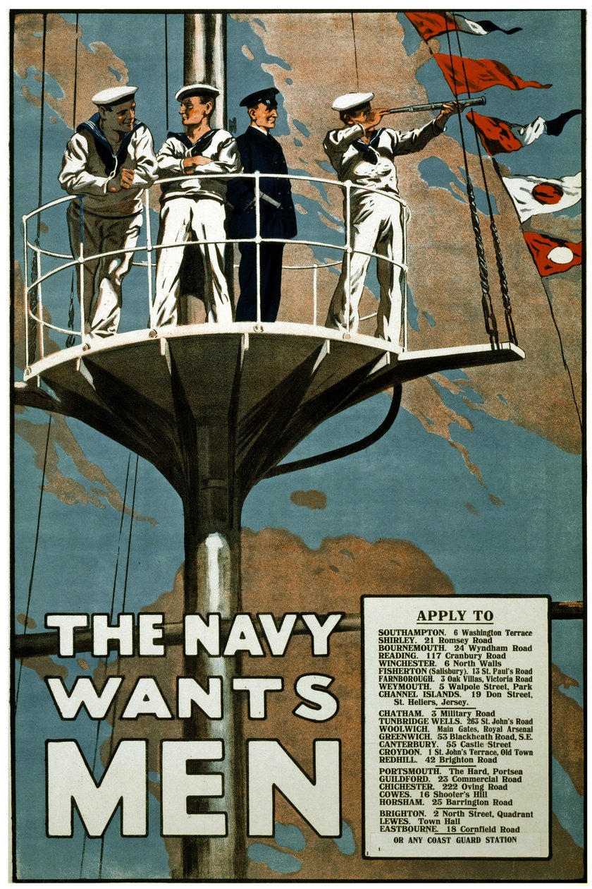 De marine zoekt mannen, ca. 1915 (lithografie) door Unbekannt