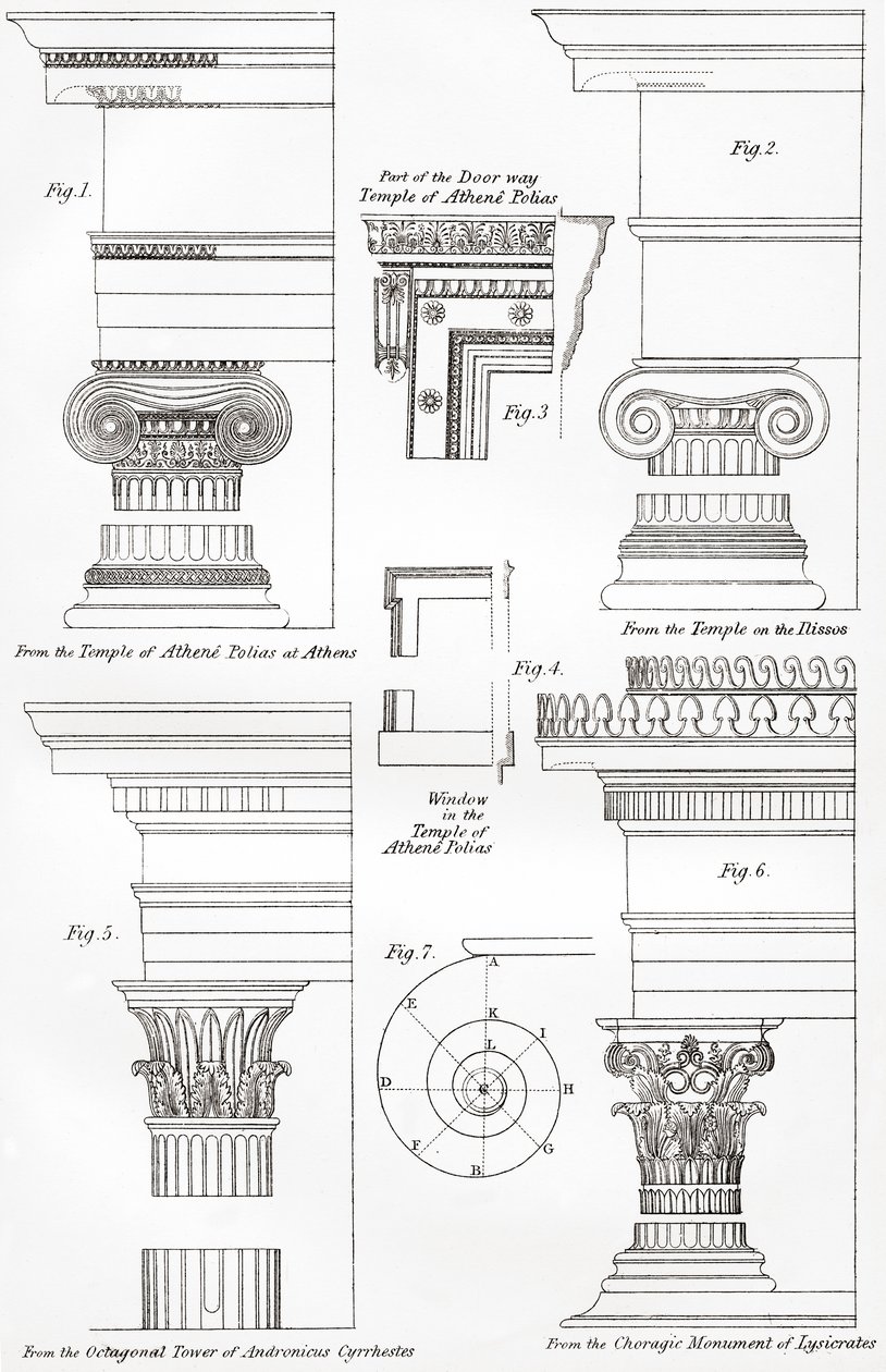 Voorbeelden van Ionische en Korinthische orden in Griekse architectuur, uit The National Encyclopaedia, gepubliceerd c.1890 door Unbekannt Unbekannt