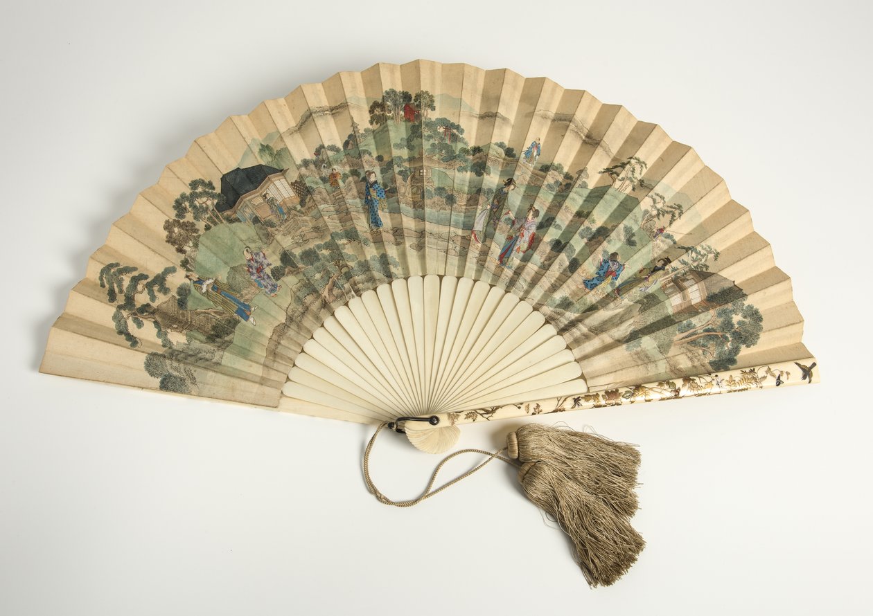 Gedrukte papieren waaier, met Japanse figuren in een landschap, 1880s door Unbekannt Unbekannt