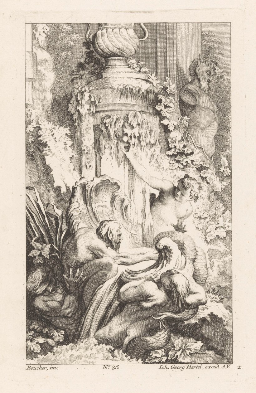 Fontein met meermannen en saterbeeld door Unknown