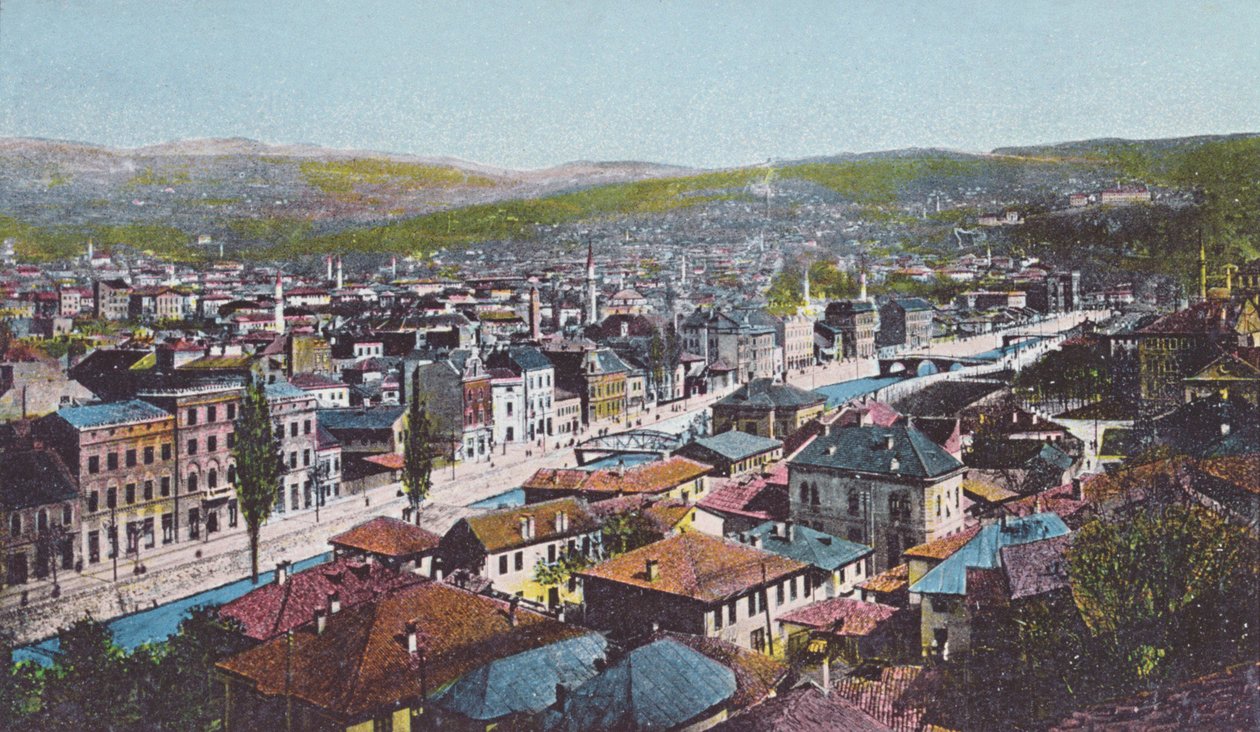Ansichtkaart met Sarajevo en de Appel Quay door Unknown