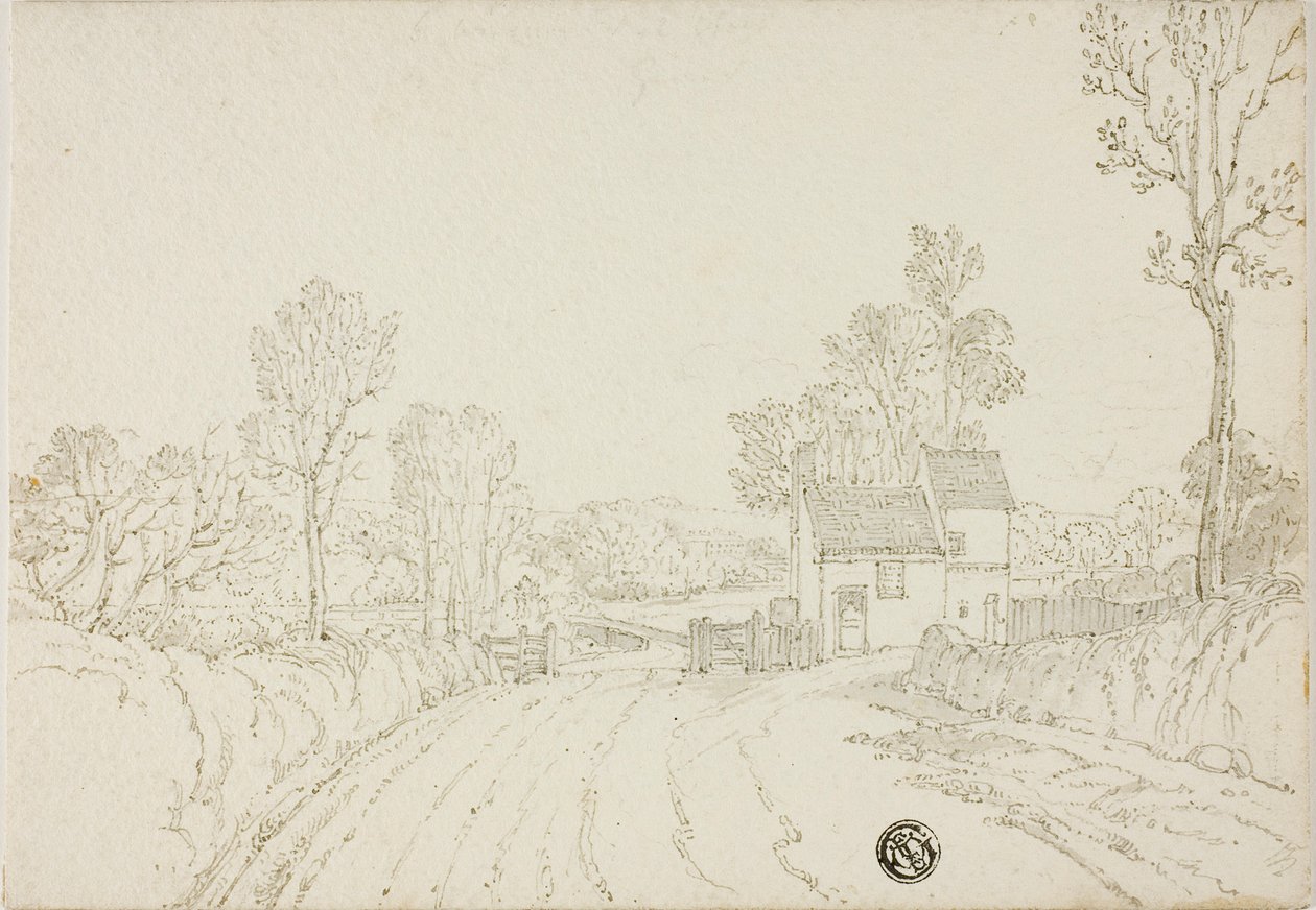 Weg langs huis in landschap door Unknown