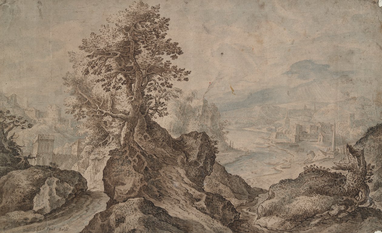 Rotsachtig Landschap met Steden in de Verte door Unknown