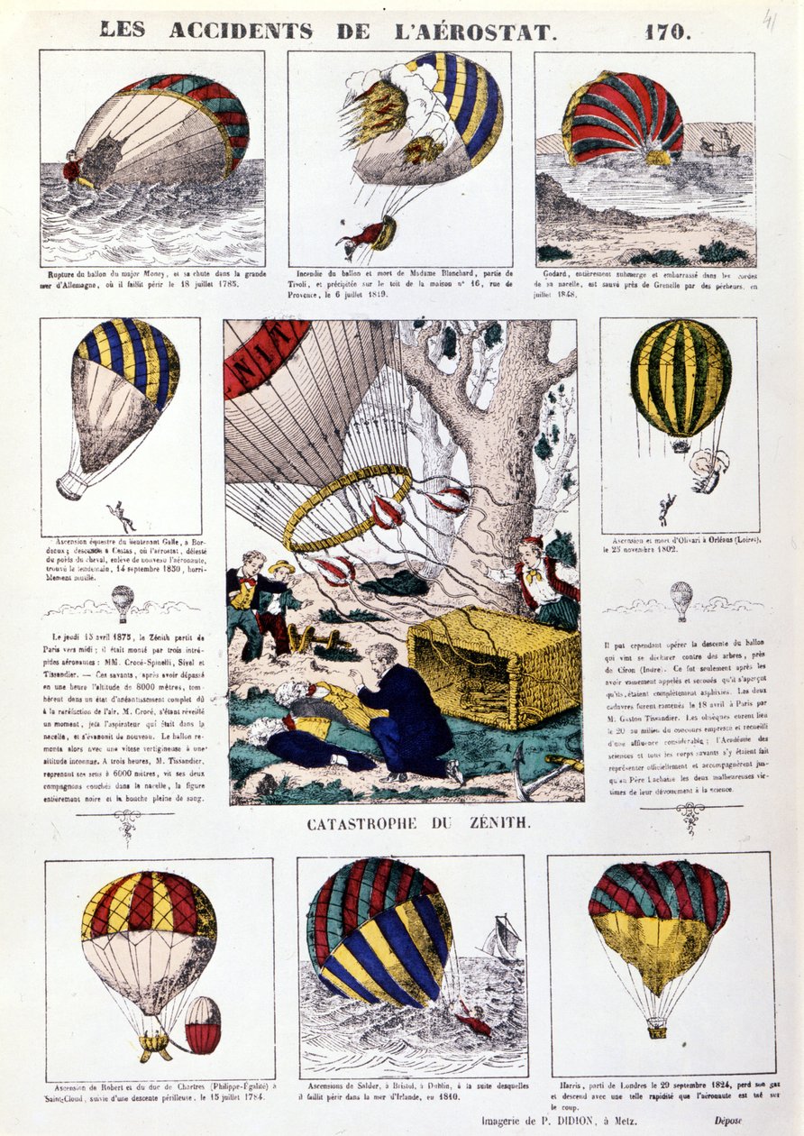 Aerostatische ongevallen. 19e-eeuwse geïllustreerde kaart. door Unknown artist