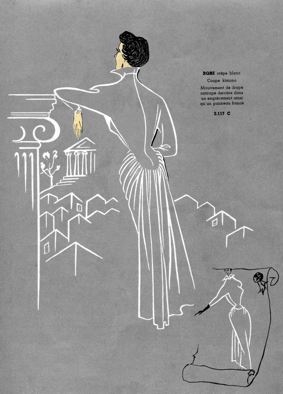 Franse mode, wit crêpe jurkontwerp. door Unknown artist