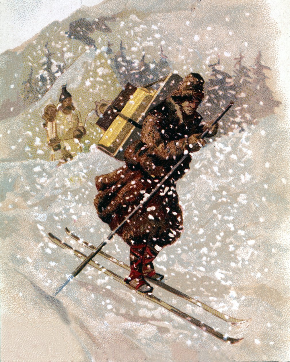 Skiër in de sneeuw. Chromo door Unknown artist