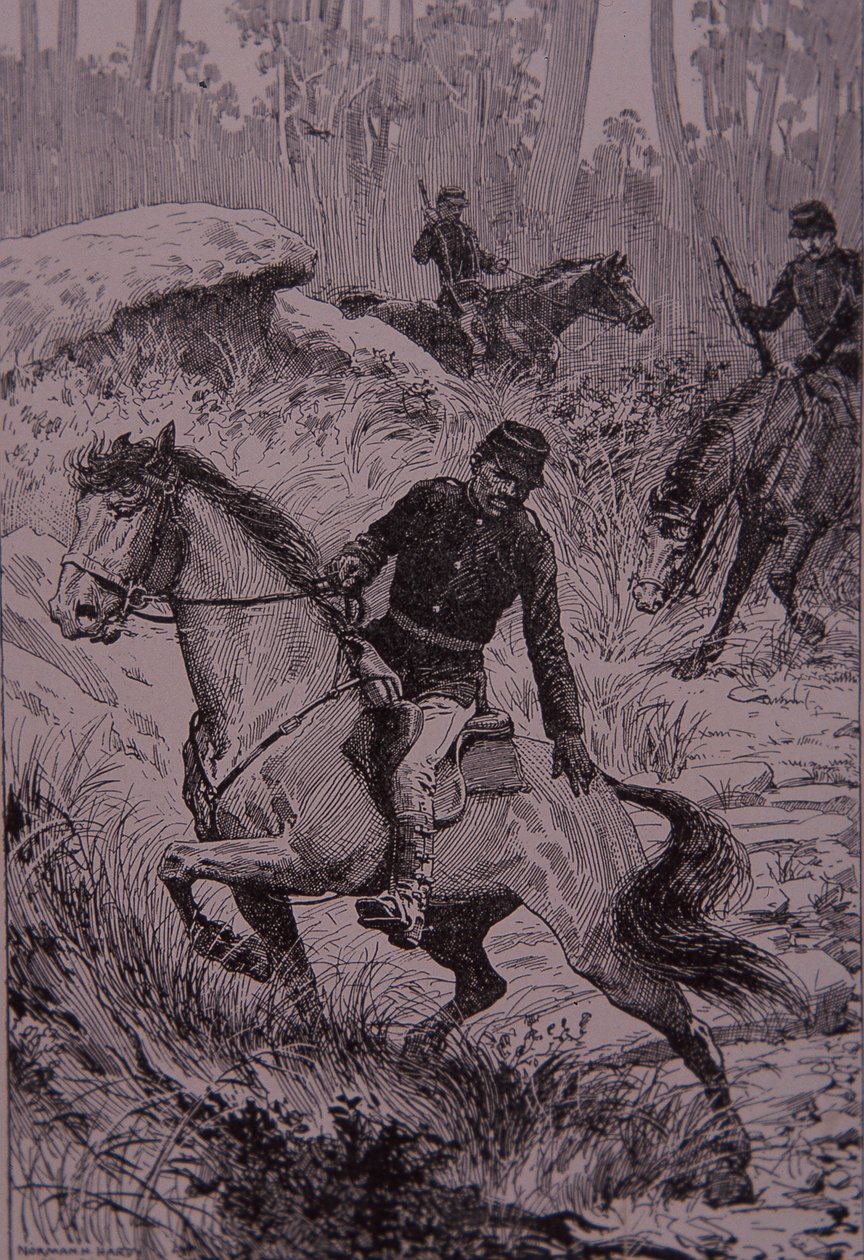 Zwarte speurders achtervolgen struikrovers in Australië (gravure) door Unknown artist