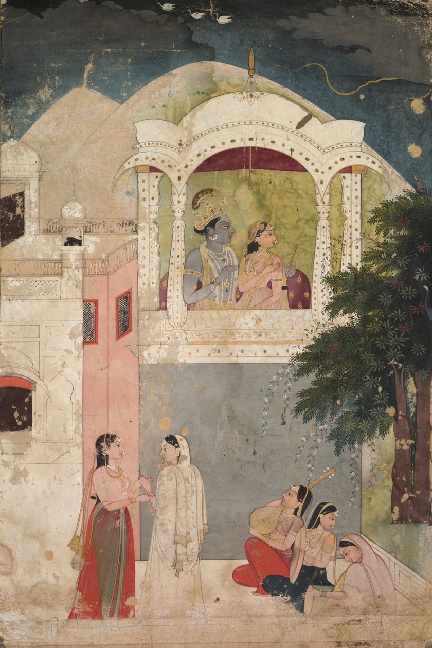 Radha en Krishna Zittend op een Balkon door Unknown artist