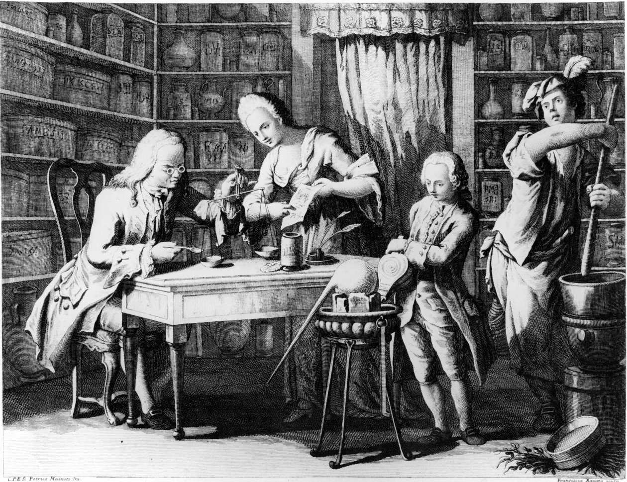 De apotheker. Gravure uit de 19e eeuw. door Unknown artist