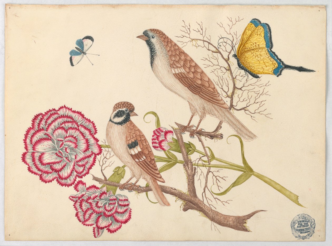 Twee bruine vogels met anjers en vlinders door Unknown artist
