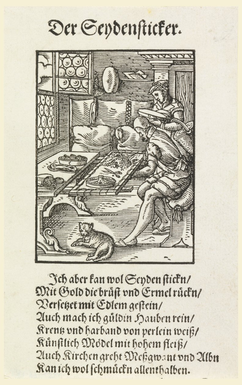 Houtsnede (facsimile): Een Borduurster aan het Werk door Unknown artist