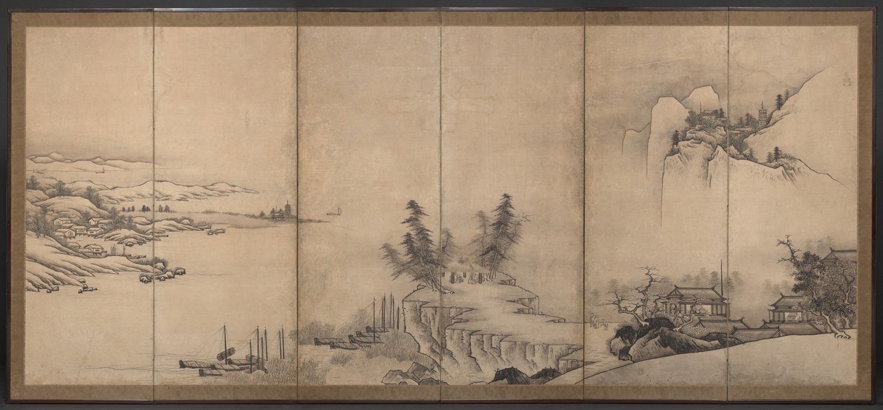Chinese paviljoens in een landschap door Unkoku Toeki