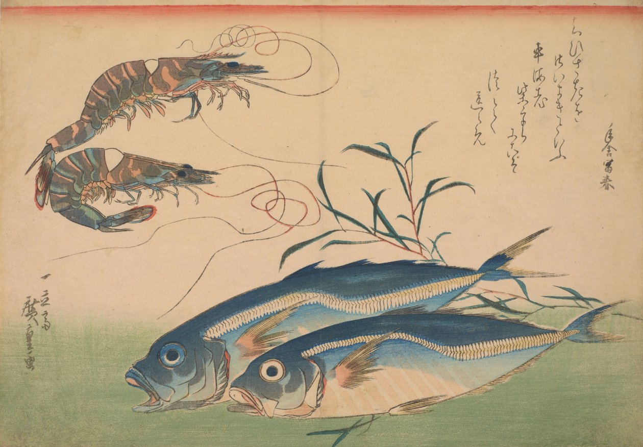 Horse Mackerel (Aji) met garnaal, met inscriptie door Utagawa Hiroshige