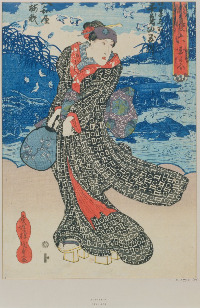 Japanse vrouw bij de zee door Utagawa Kunisada