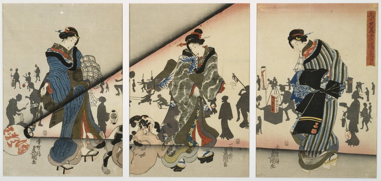 Nachtelijke scène met meisjes, dieren en lantaarns, midden 19e eeuw door Utagawa Kunisada