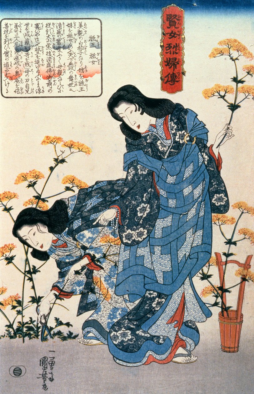 Gio en Giji verzamelen bloemen, uit de serie Verhalen van wijze vrouwen en trouwe echtgenotes door Utagawa Kuniyoshi