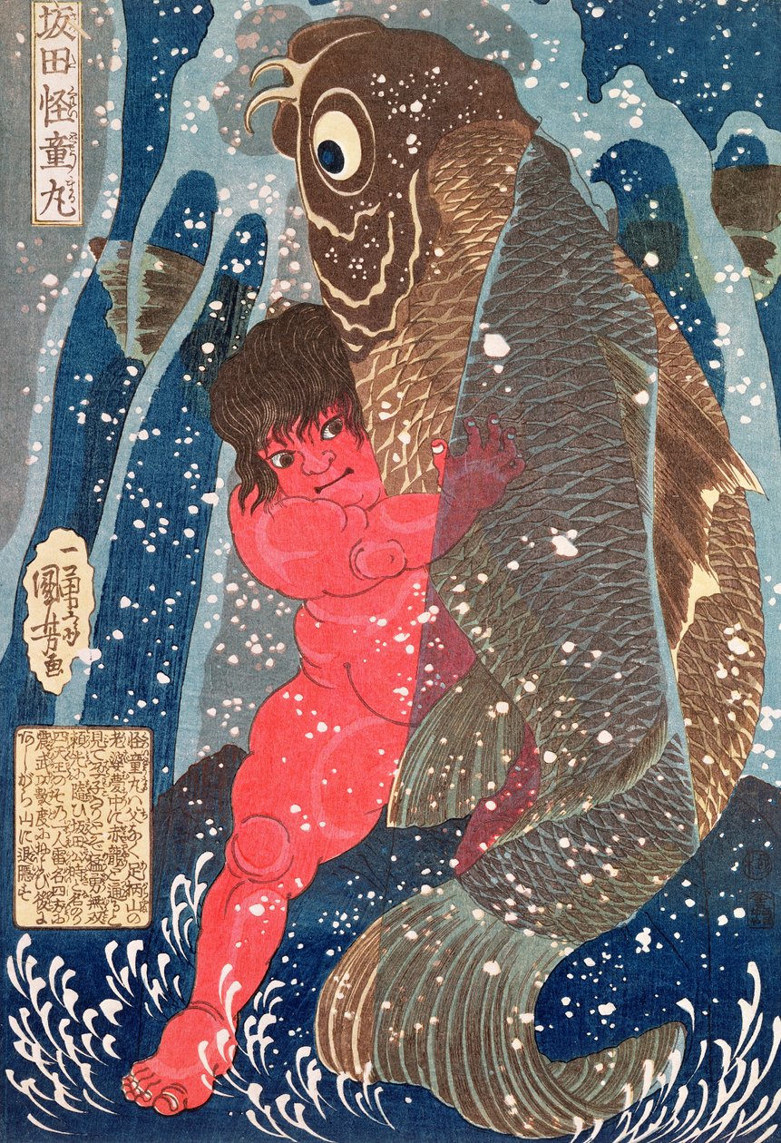Kintoki zwemt de waterval op door Utagawa Kuniyoshi