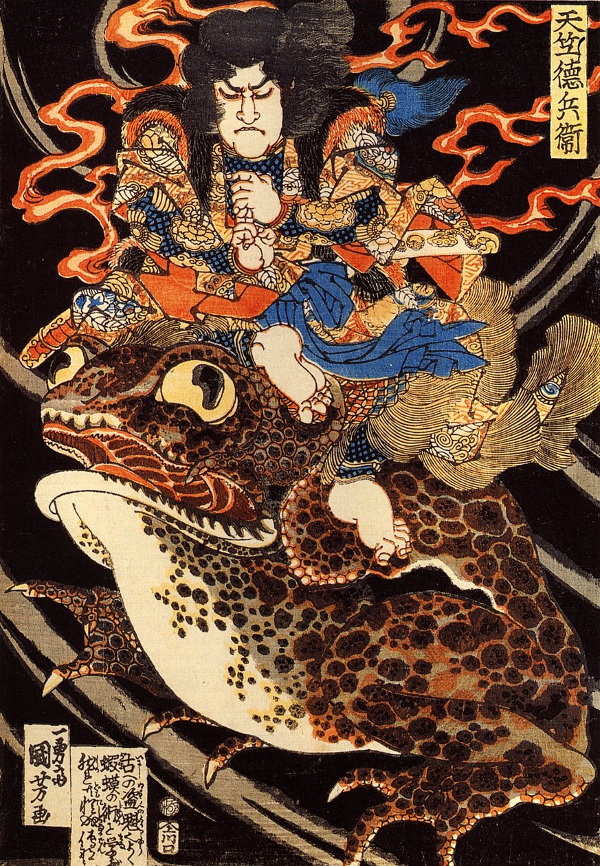 Tenjiku Tokubei rijdend op een reuzepad door Utagawa Kuniyoshi