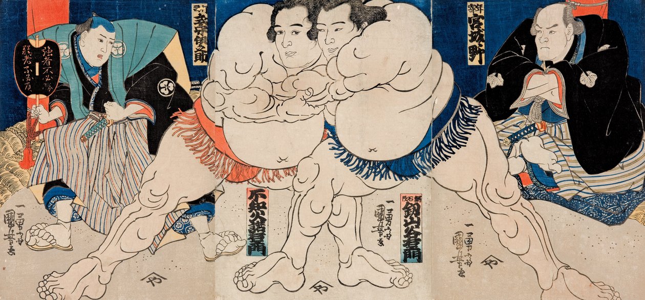 De sumoworstelaars Shiranui Dakuemon (midden links), Tsurugizan Taniemon (midden rechts) met scheidsrechter door Utagawa Kuniyoshi