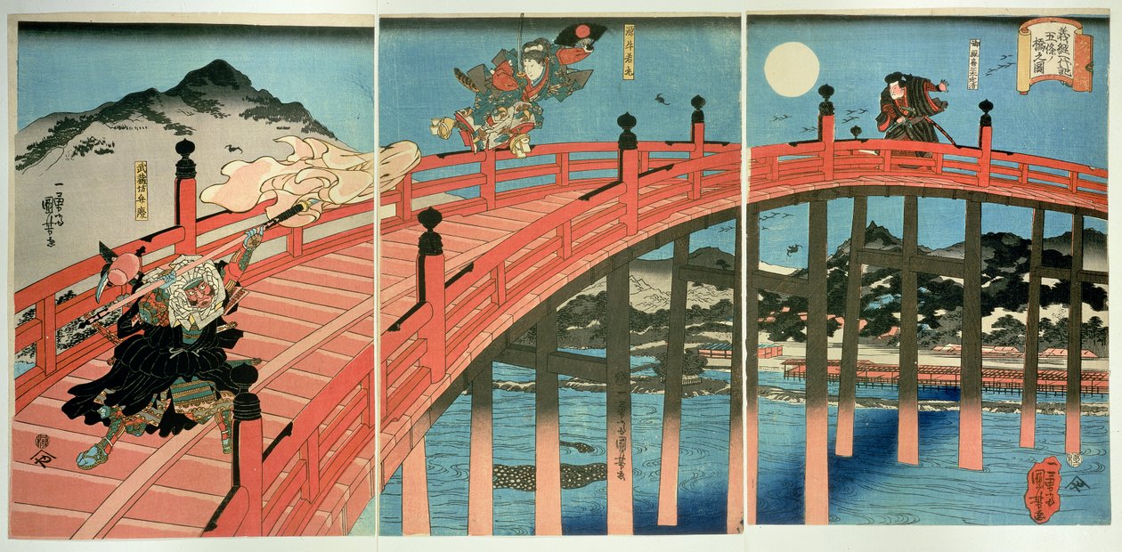 Ushiwaka en Benkei vechten op de Gojo-brug, gepubliceerd ca. 1839 door Utagawa Kuniyoshi