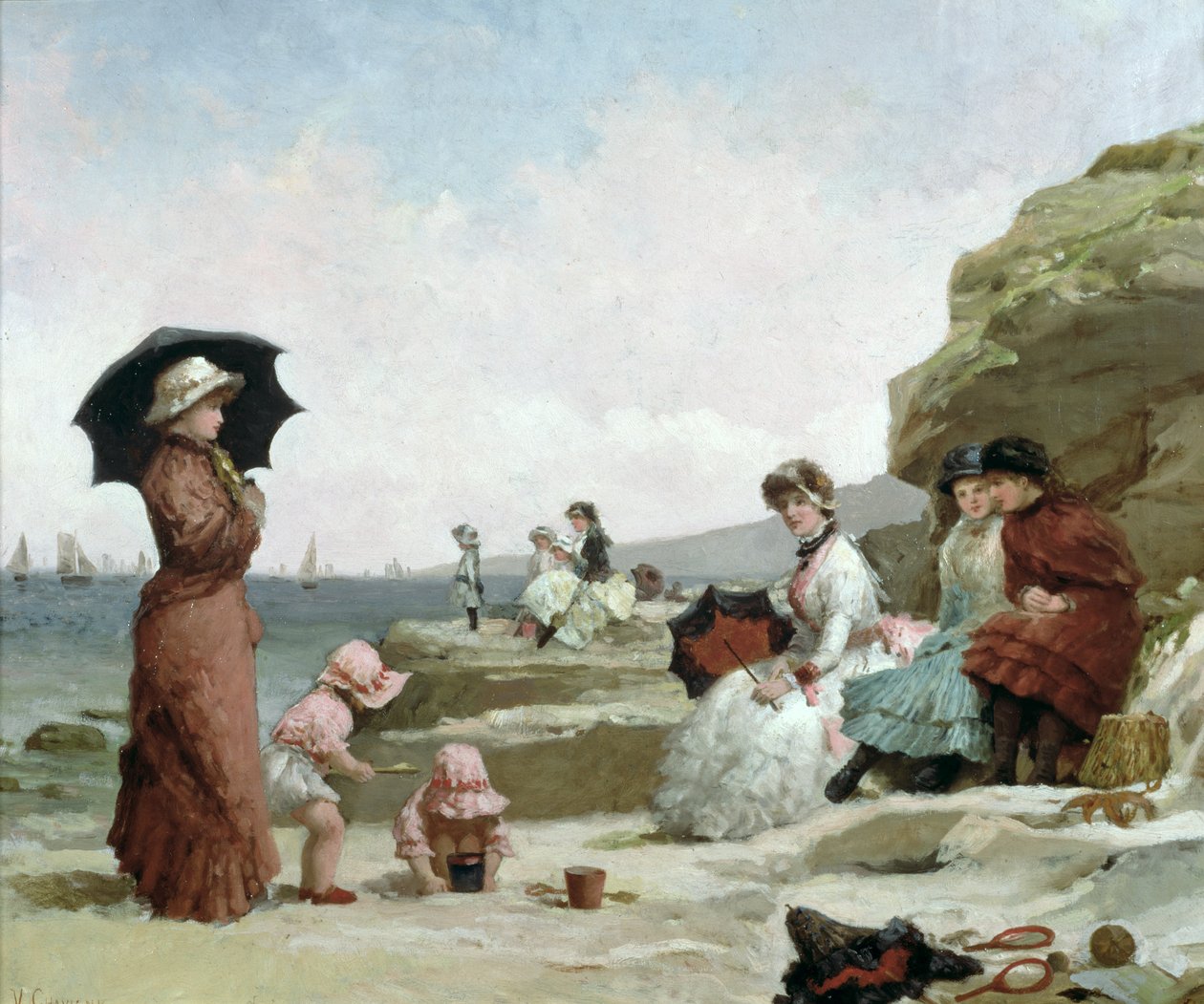 Zeegezicht, figuren op het strand door V. Chavigny