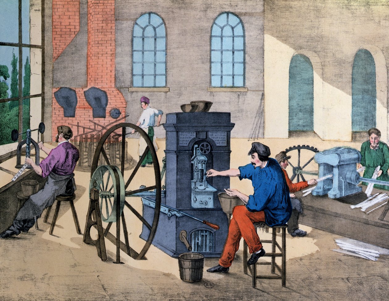 Werker die geld slaat in de Monnaie de Paris, plaat 9 uit een leerboek over industrieën en beroepen, gepubliceerd c.1860 door V. Janson