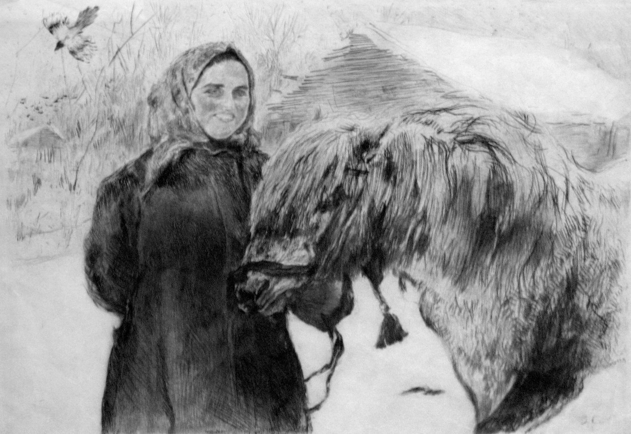 Serow vrouw met paard door Valentin Aleksandrovich Serov