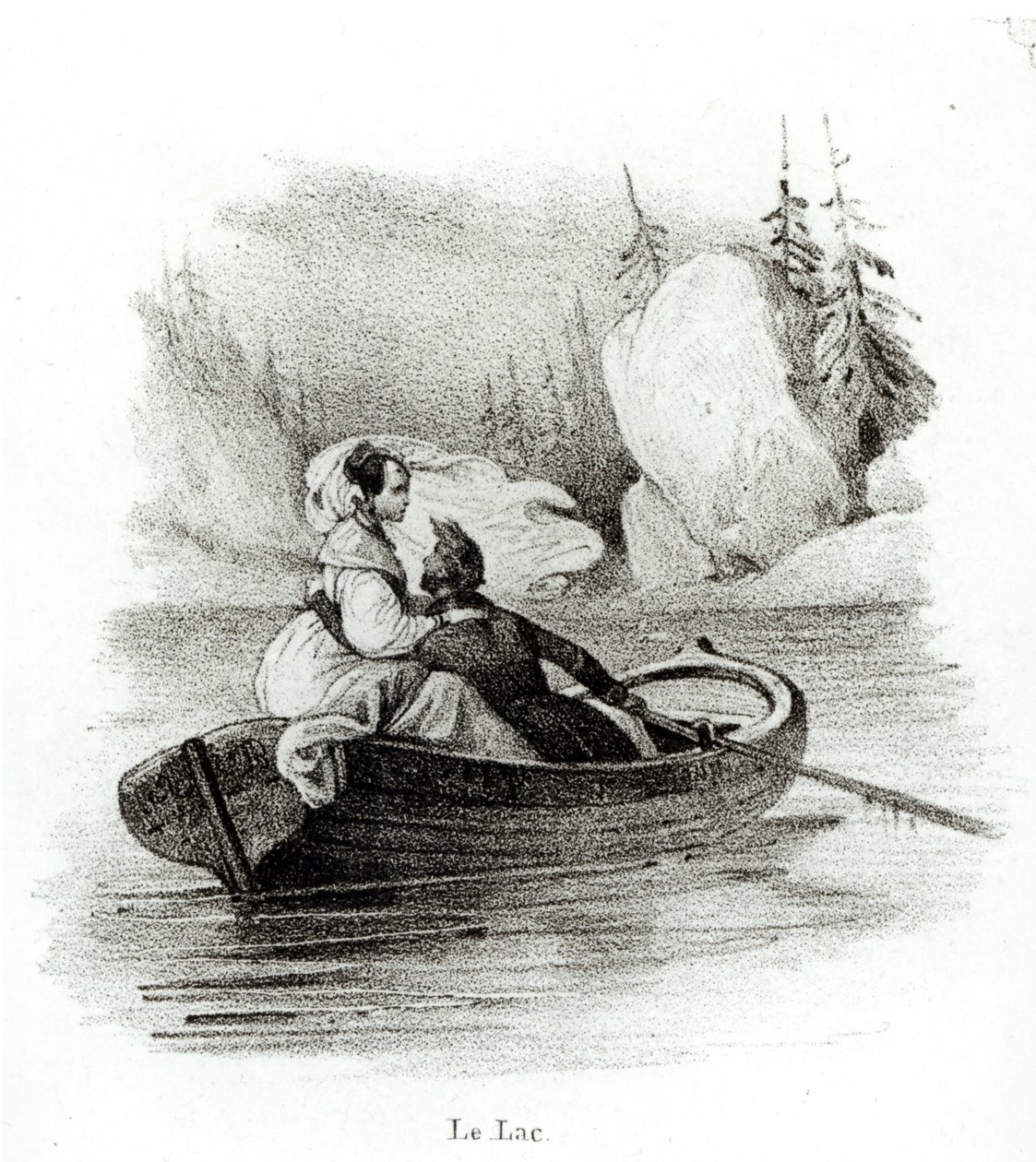 Alphonse de Lamartine (1790-1869) en Elvire op het Meer bij Bourget, gegraveerd door Alfred Lemercier door Victor Adam