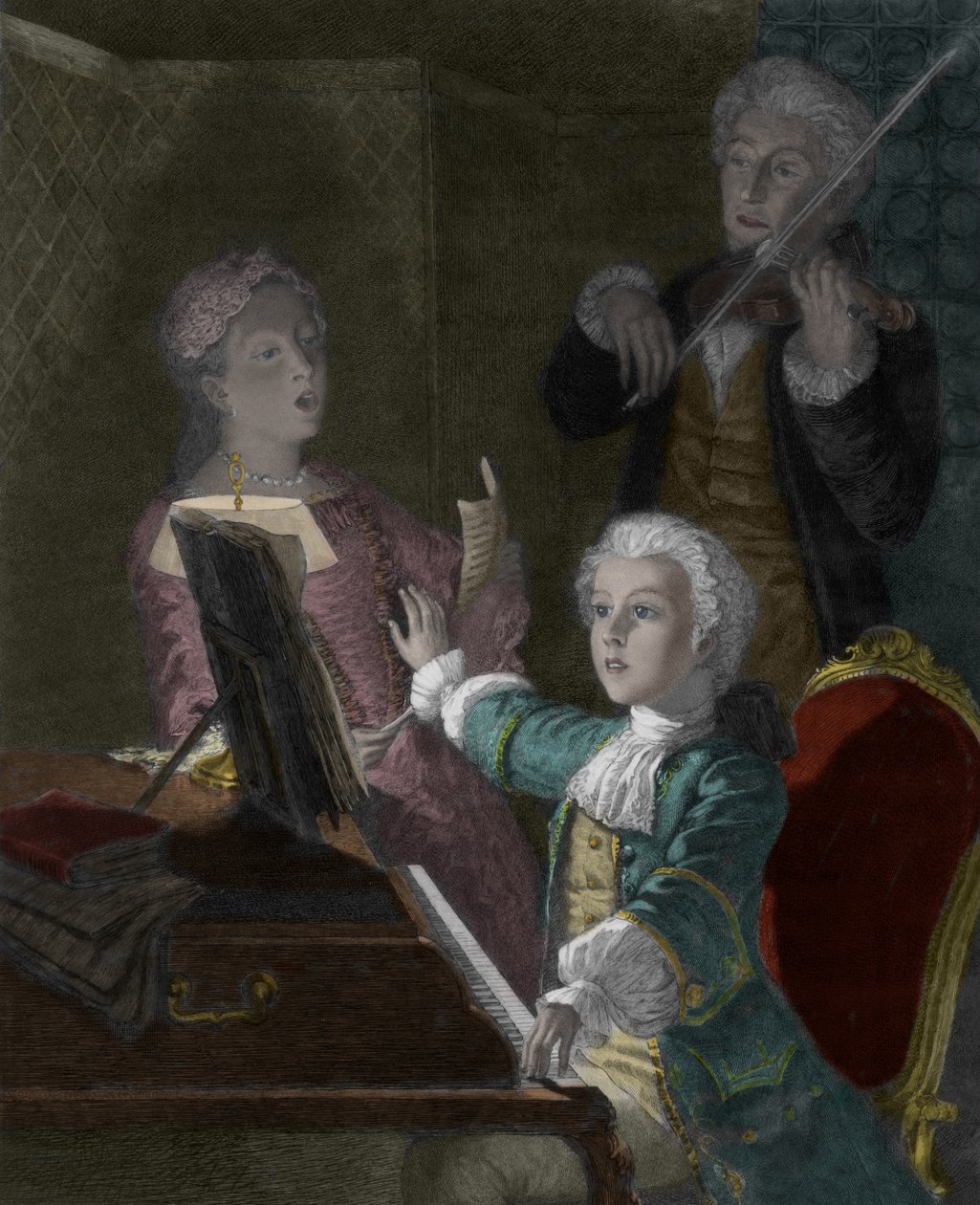 Wolfgang Amadeus Mozart met zijn vader Leopold en zus Marie-Anne door Victor Louis Focillon