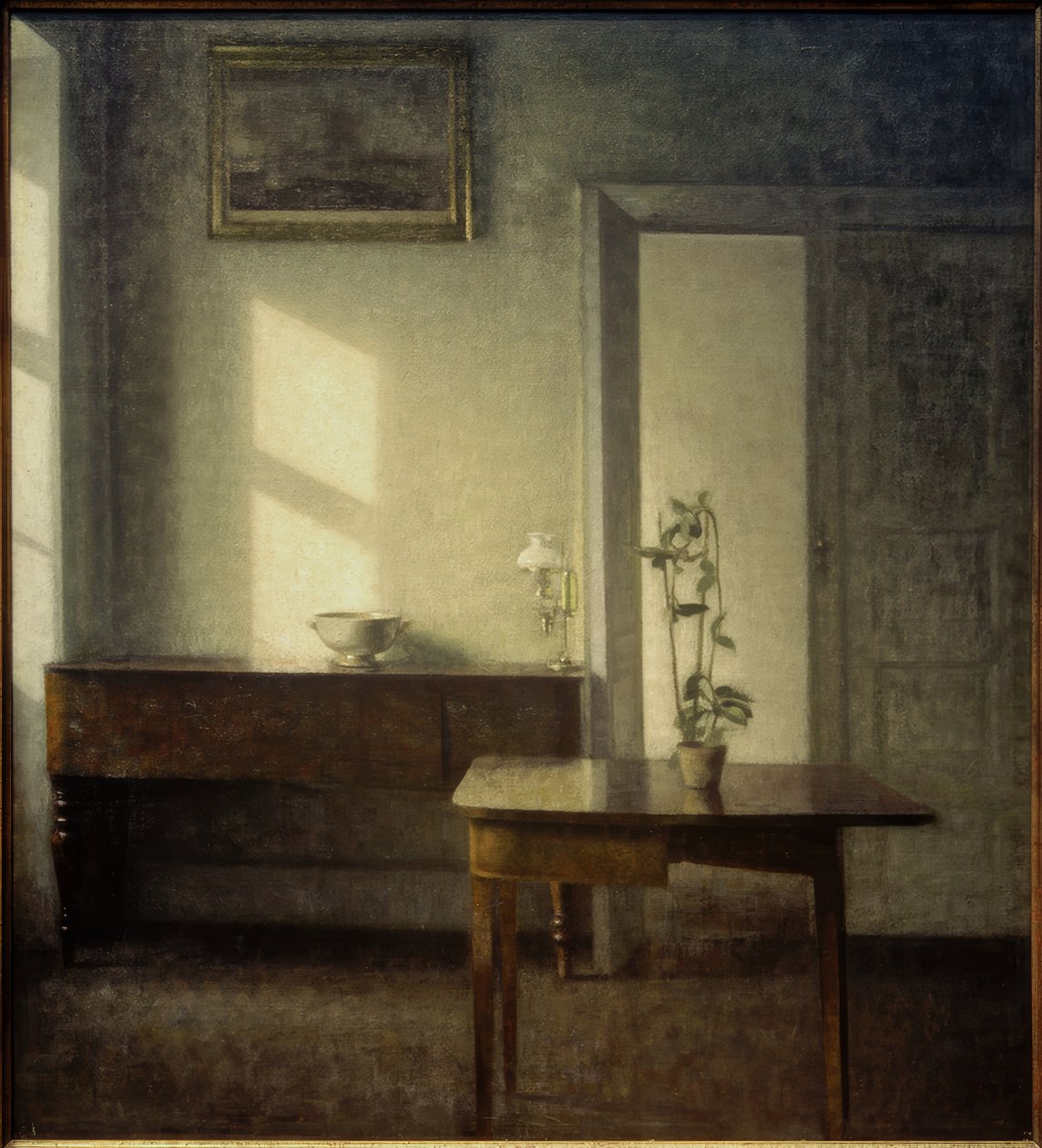 Interieur met potplant door Vilhelm Hammershoi