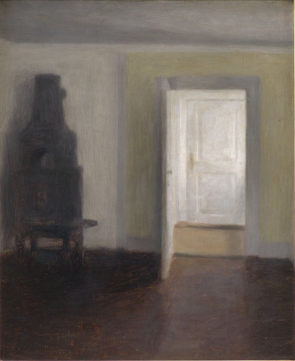 Interieur met een Oude Kachel door Vilhelm Hammershoi