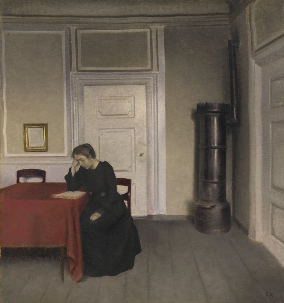 Interieur met lezende vrouw door Vilhelm Hammershoi
