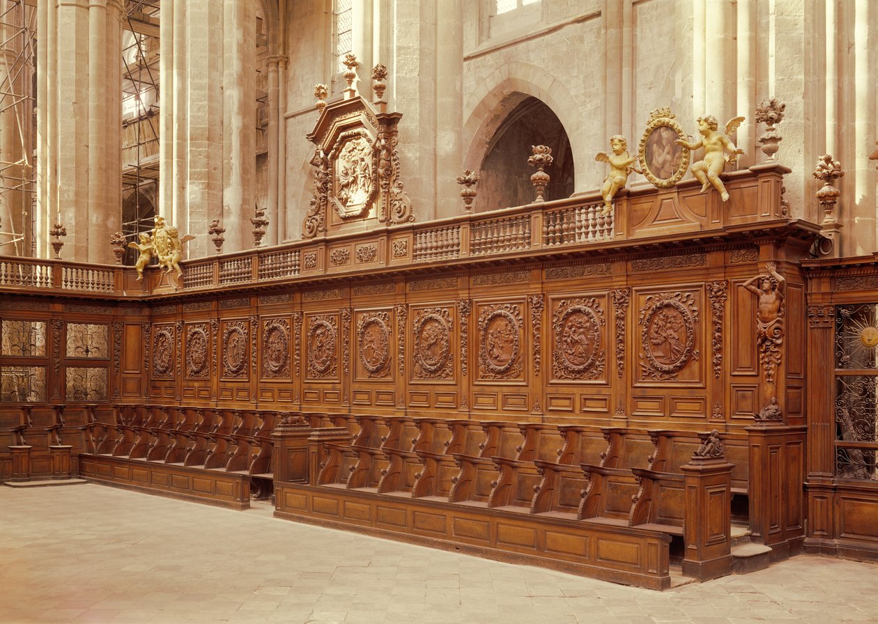 Koorgestoelten met medaillons die het leven van St. Dominicus illustreren, 1681-92 door Vincent Funel