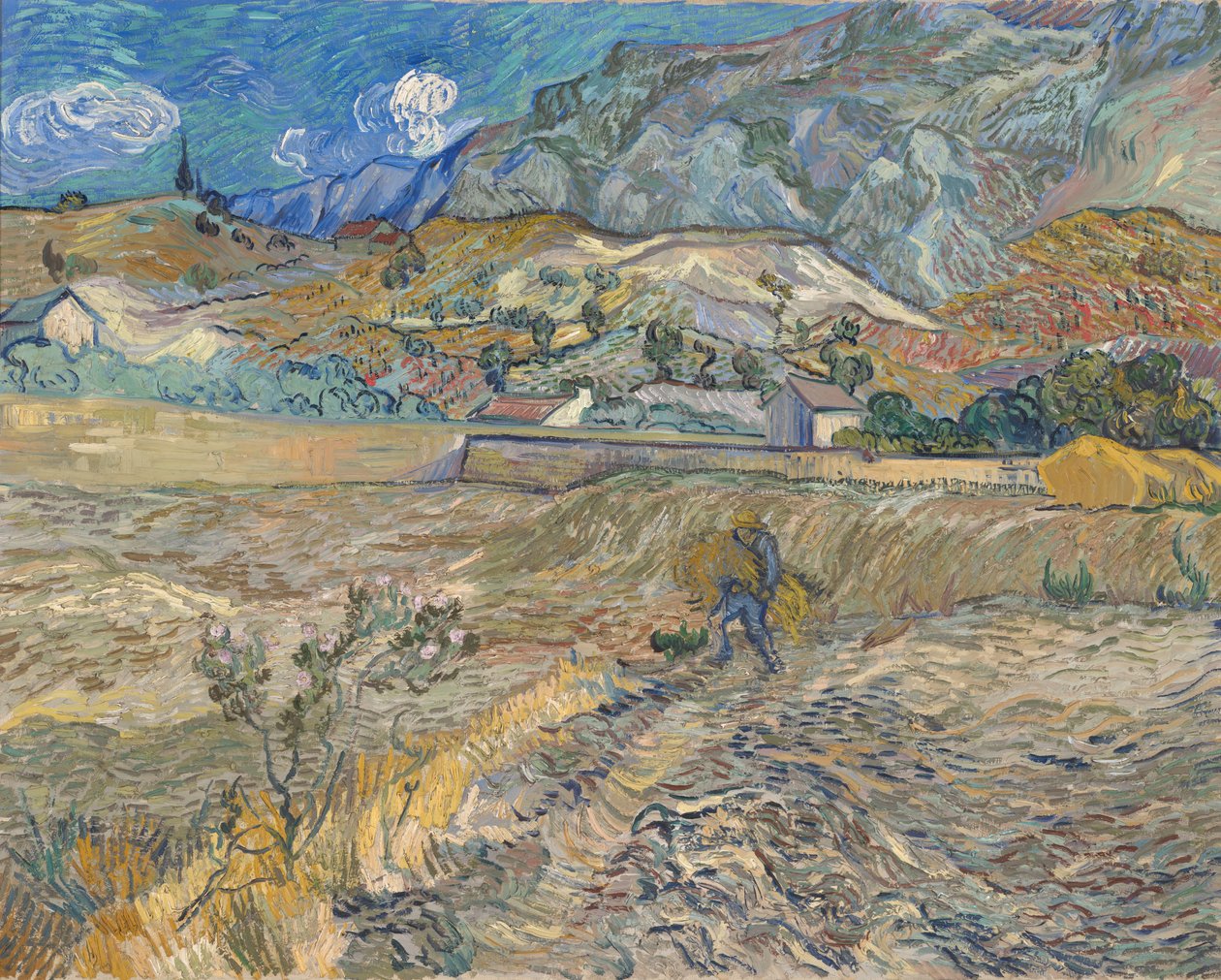 Landschap bij Saint-Rémy (omheind veld met boer) door Vincent van Gogh