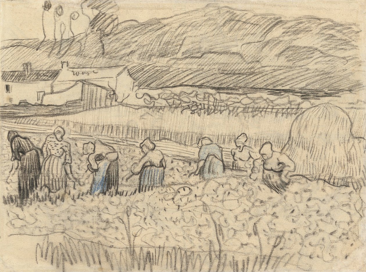 Landschap met oogstende boerinnen door Vincent van Gogh