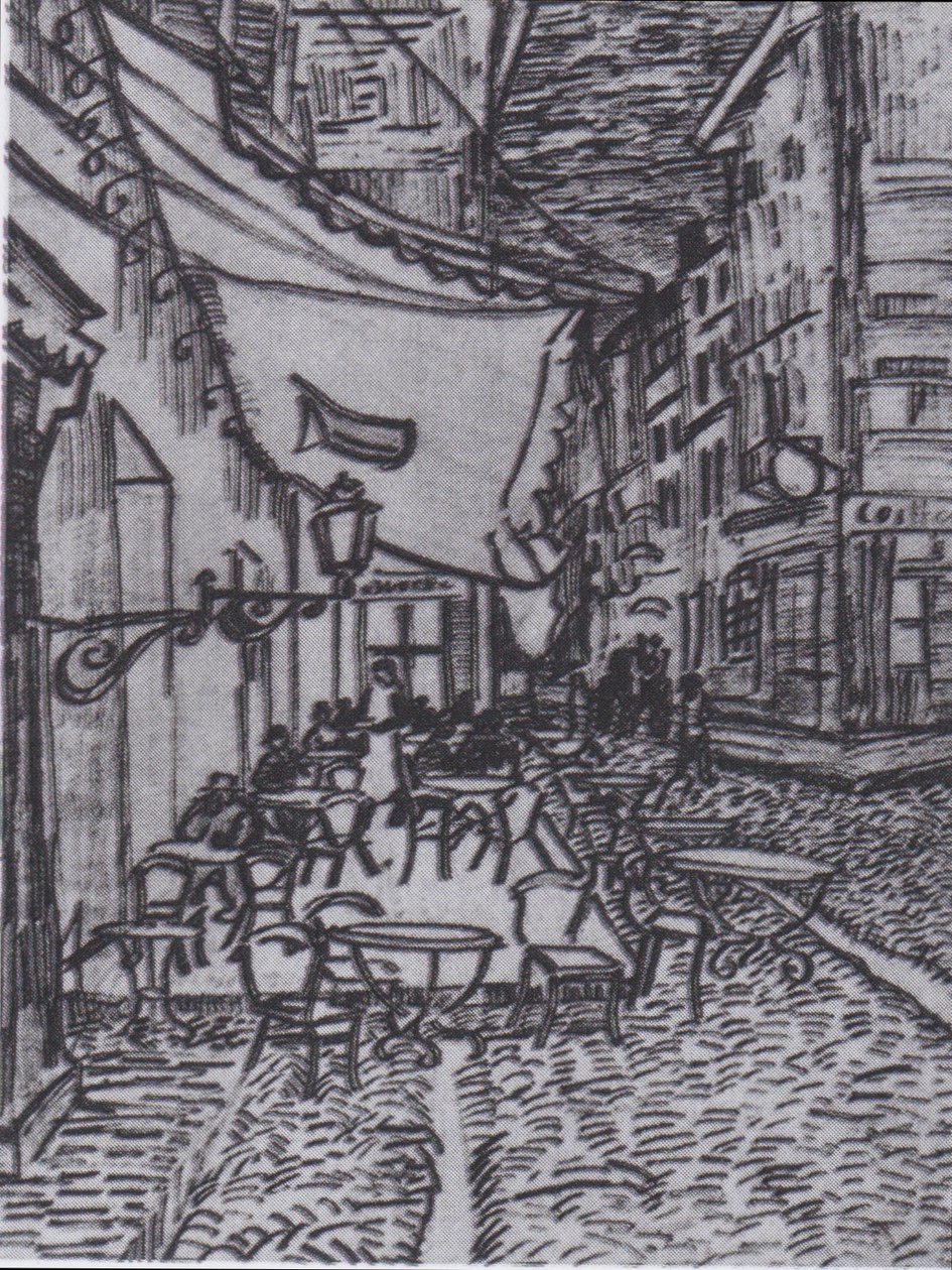 Terras van cafés aan de Place du Forum in Arles in de avond door Vincent van Gogh